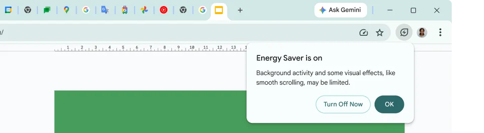 A cursor has clicked on the Energy Saver icon, which explains why background activity and some visual effects have been limited to save memory.