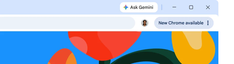 A browser UI features a green Update pill which tells the user that it's ready to be restarted for an automatic update.
