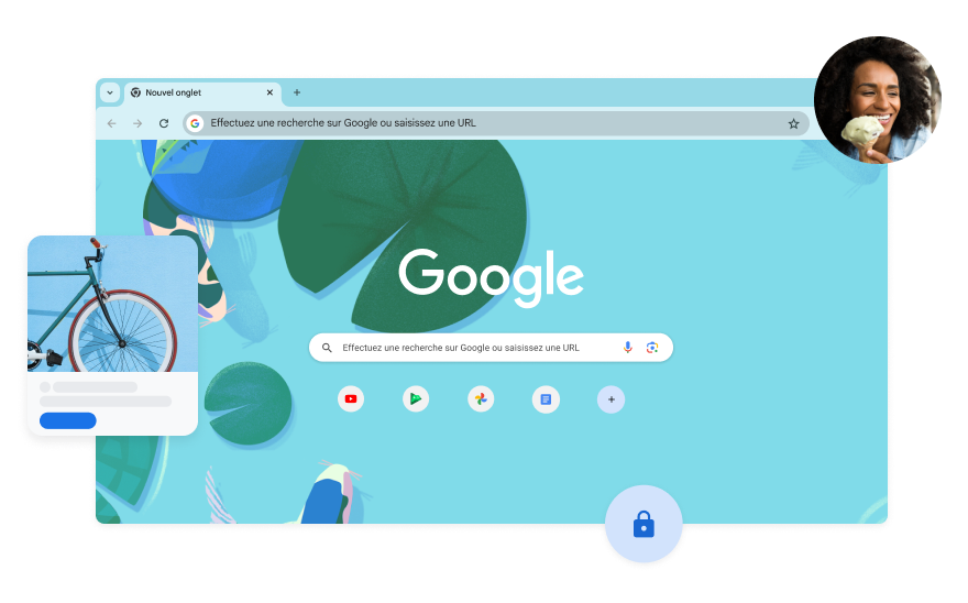 Un poisson bleu dans un étang à carpes koï est dessiné en arrière-plan de la page de recherche Google. Dans un coin se trouve la photo d'une femme.